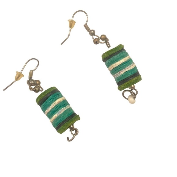 Artisan made string bead drop pierced earrings in green tones lightweight - Picture 1 of 3